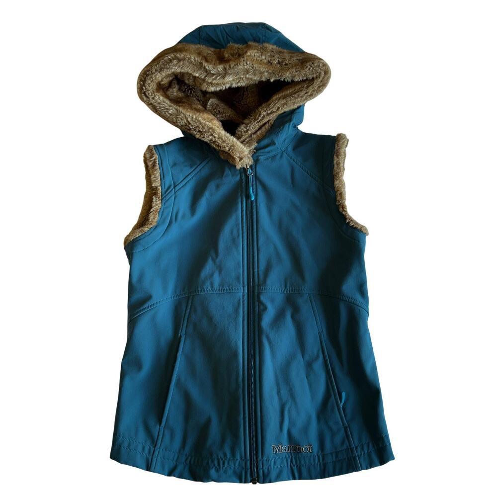 Marmot Vest Womens S Blue Hooded Lined Faux Fur Pockets Slim Winter Fleece